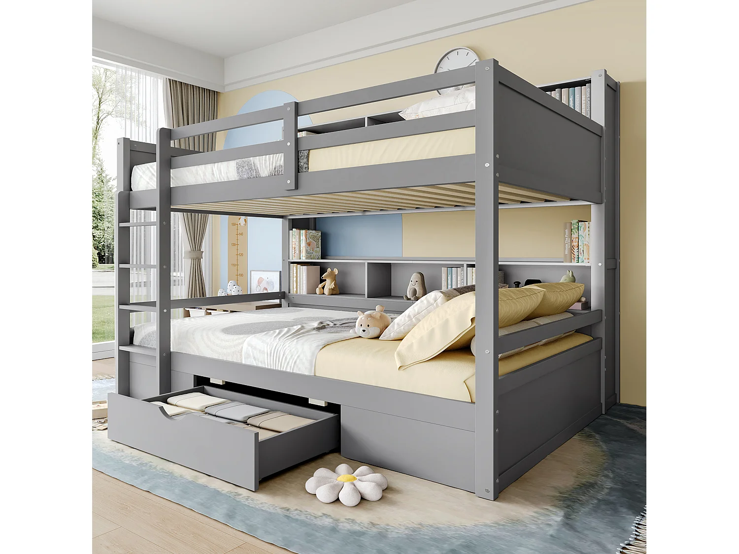 Lit superposé 90x200 cm, lit simple pour enfant avec tiroirs et compartiments de rangement, sans matelas, Gris