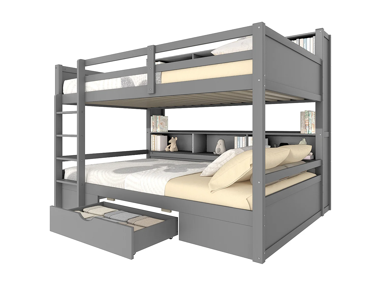 Lit superposé 90x200 cm, lit simple pour enfant avec tiroirs et compartiments de rangement, sans matelas, Gris