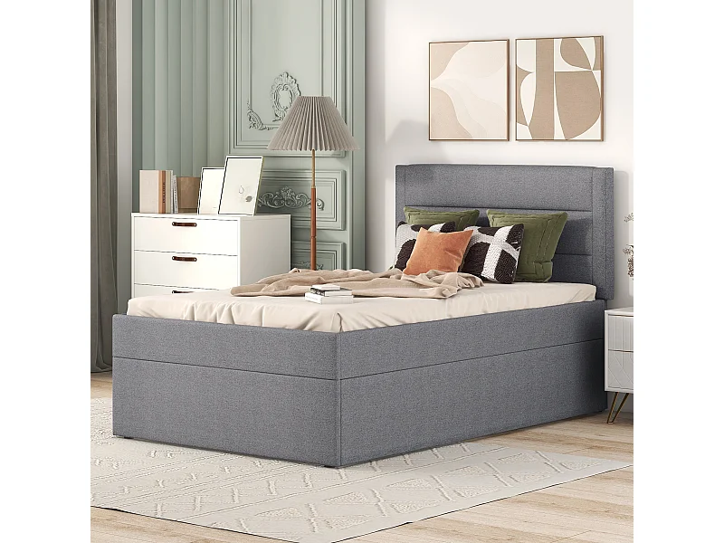 Lit capitonné 90x200 cm gris avec sommier métallique, grand coffre de rangement, sans matelas, design fonctionnel