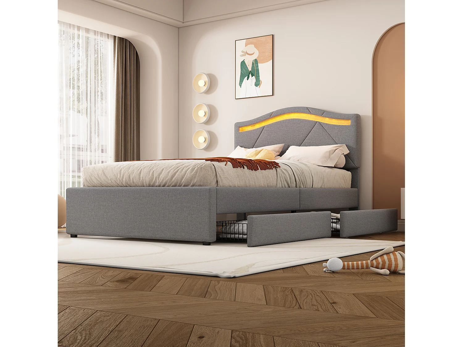 Lit simple 90x200 cm, lit rembourré avec sommier, LED télécommandée, 2 tiroirs, tête réglable, Lin Gris