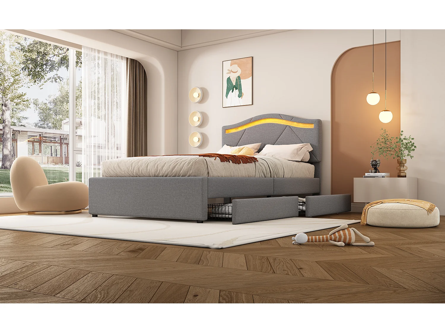 Lit simple 90x200 cm, lit rembourré avec sommier, LED télécommandée, 2 tiroirs, tête réglable, Lin Gris