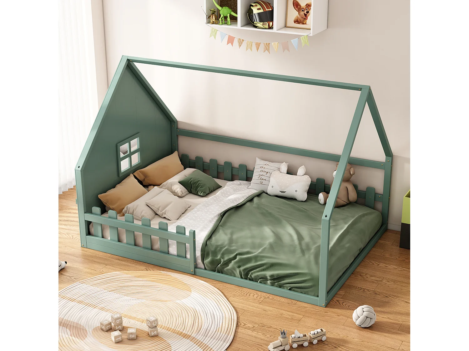 Lit simple 140x200 cm pour enfant, lit en forme de maison avec barrières, bois de pin, Vert