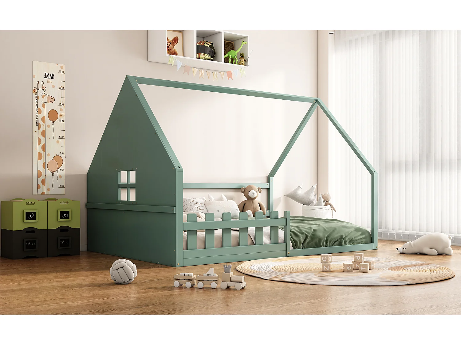 Lit simple 140x200 cm pour enfant, lit en forme de maison avec barrières, bois de pin, Vert