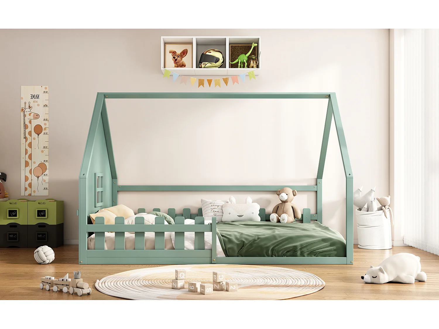 Lit simple 140x200 cm pour enfant, lit en forme de maison avec barrières, bois de pin, Vert