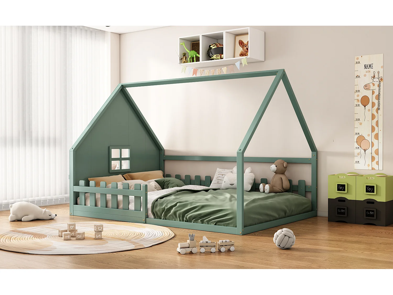 Lit simple 140x200 cm pour enfant, lit en forme de maison avec barrières, bois de pin, Vert