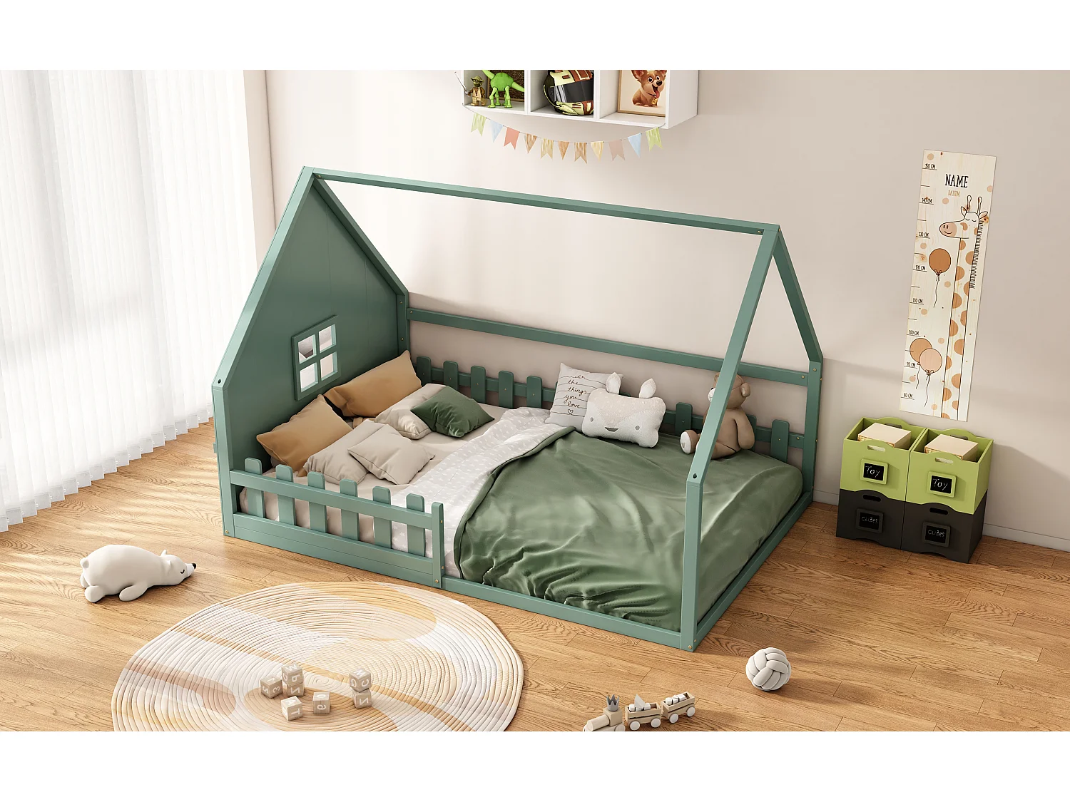 Lit simple 140x200 cm pour enfant, lit en forme de maison avec barrières, bois de pin, Vert