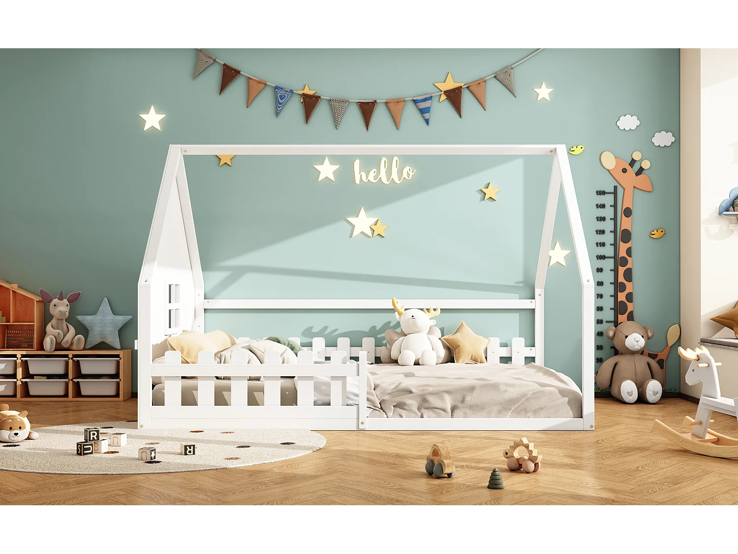 Lit simple 140x200 cm pour enfant, lit en forme de maison avec barrières, bois de pin, Blanc
