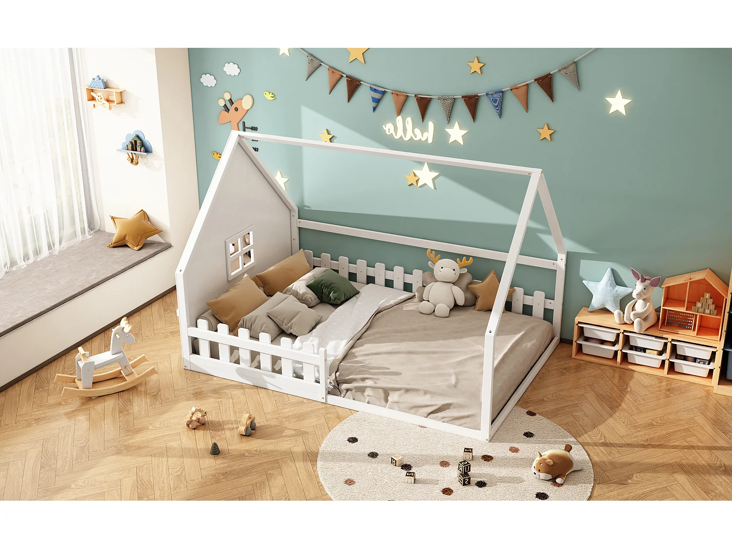 Lit simple 140x200 cm pour enfant, lit en forme de maison avec barrières, bois de pin, Blanc