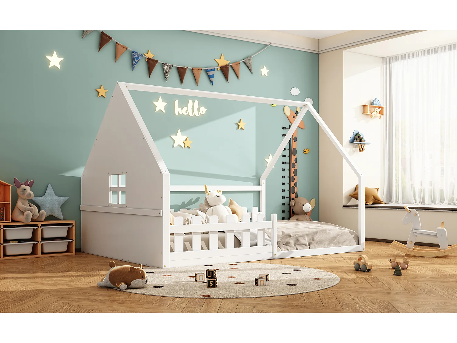 Lit simple 140x200 cm pour enfant, lit en forme de maison avec barrières, bois de pin, Blanc
