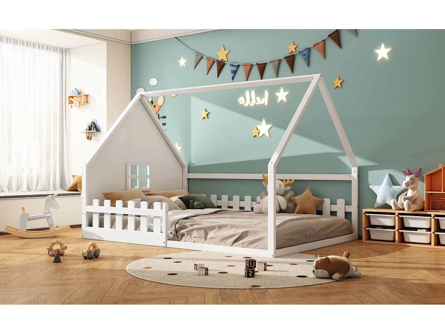 Lit simple 140x200 cm pour enfant, lit en forme de maison avec barrières, bois de pin, Blanc