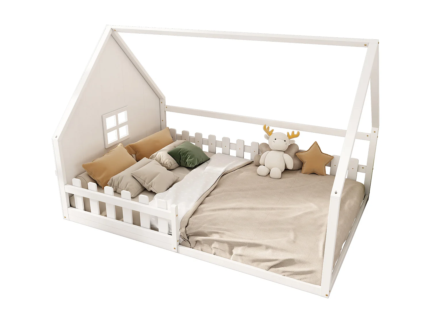 Lit simple 140x200 cm pour enfant, lit en forme de maison avec barrières, bois de pin, Blanc