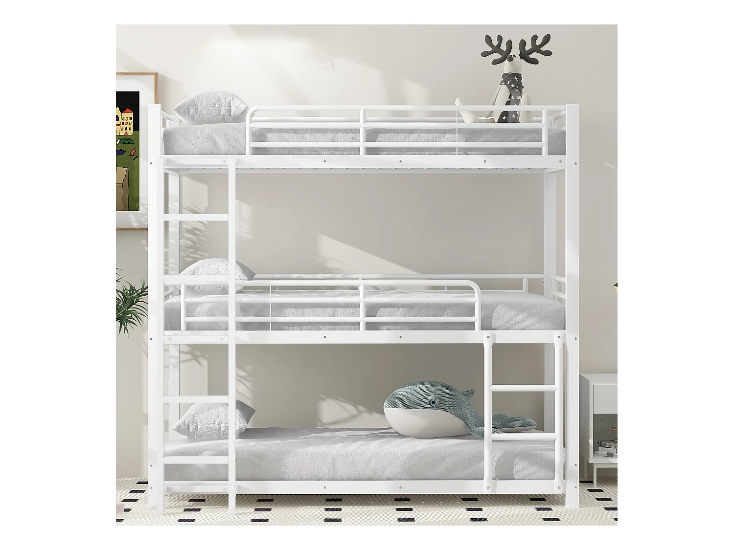 Lit superposé triple 90x200 cm blanc en métal, design compact, 3 couchages adaptés aux familles