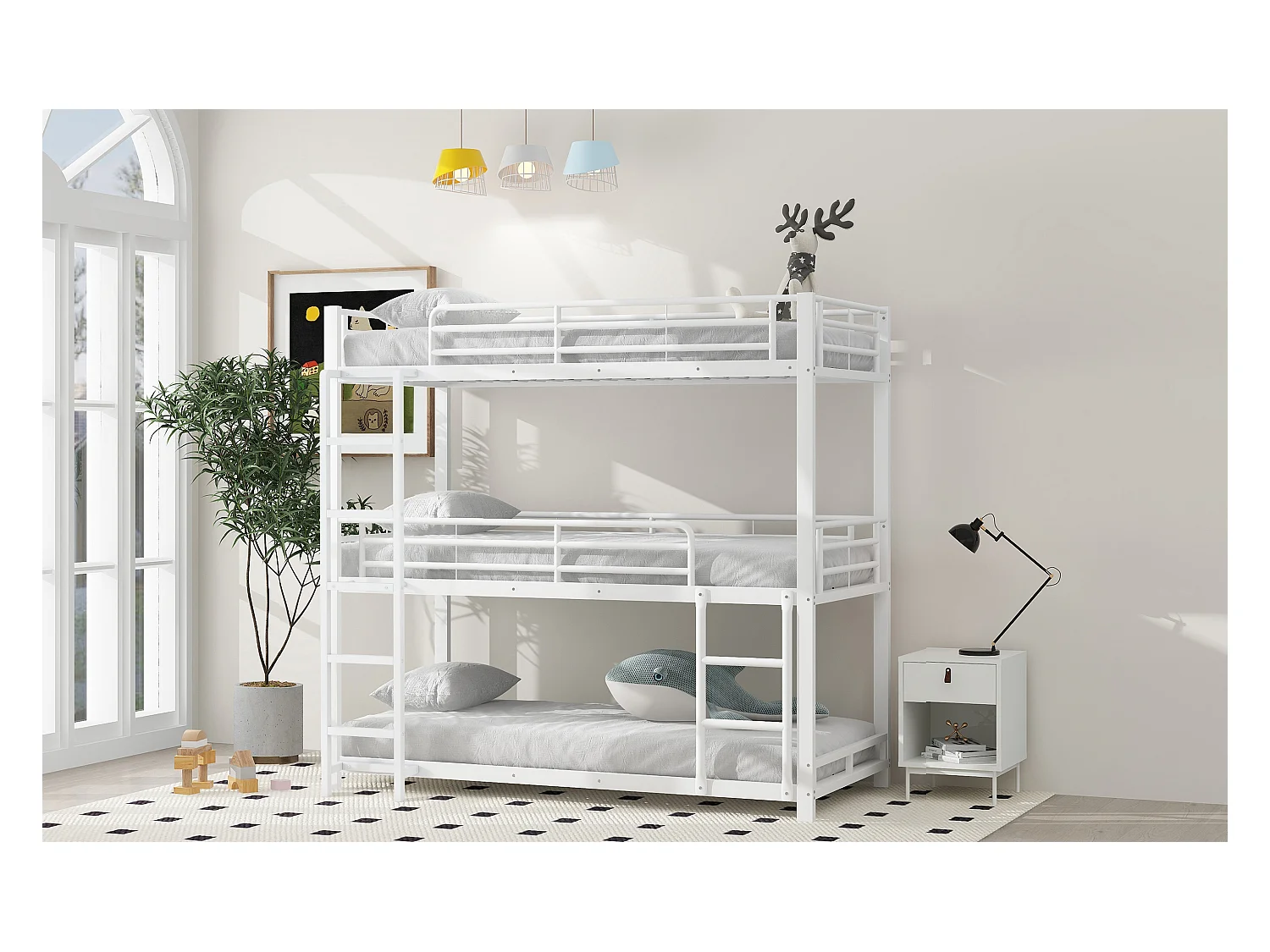 Lit superposé triple 90x200 cm blanc en métal, design compact, 3 couchages adaptés aux familles