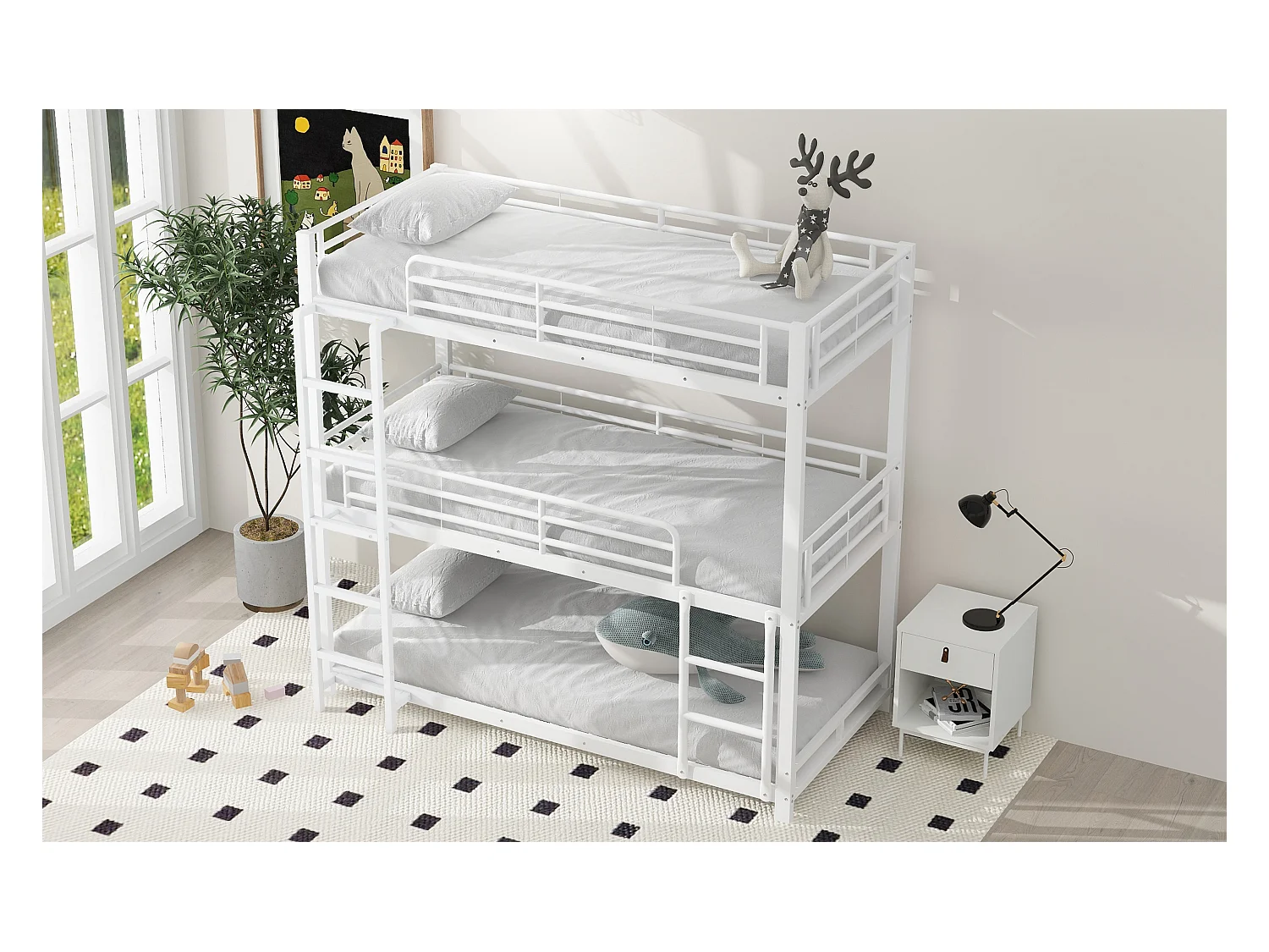 Lit superposé triple 90x200 cm blanc en métal, design compact, 3 couchages adaptés aux familles