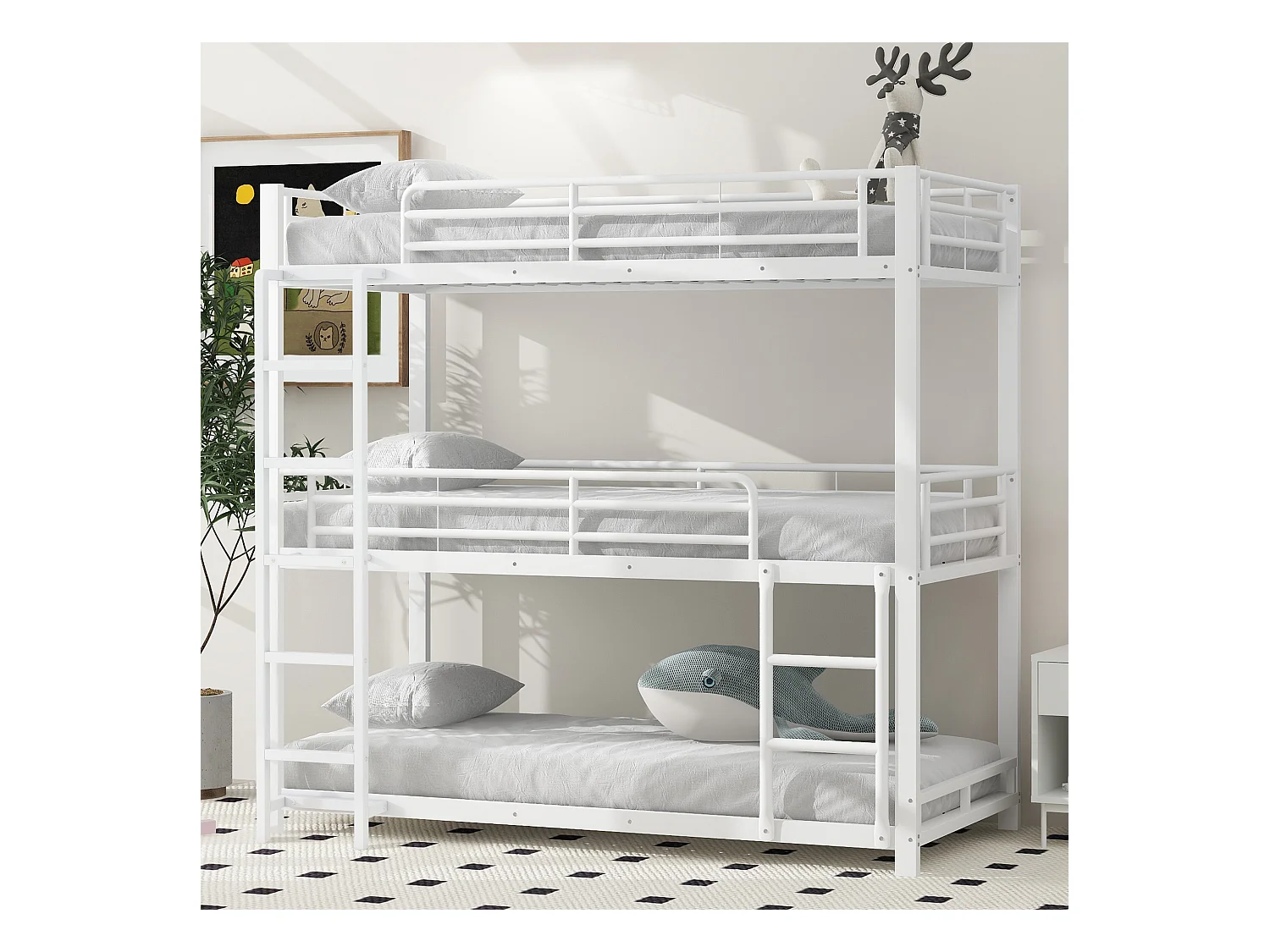 Lit superposé triple 90x200 cm blanc en métal, design compact, 3 couchages adaptés aux familles