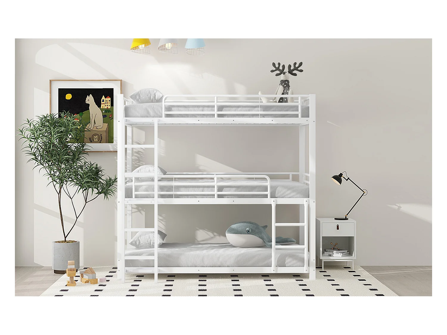 Lit superposé triple 90x200 cm blanc en métal, design compact, 3 couchages adaptés aux familles