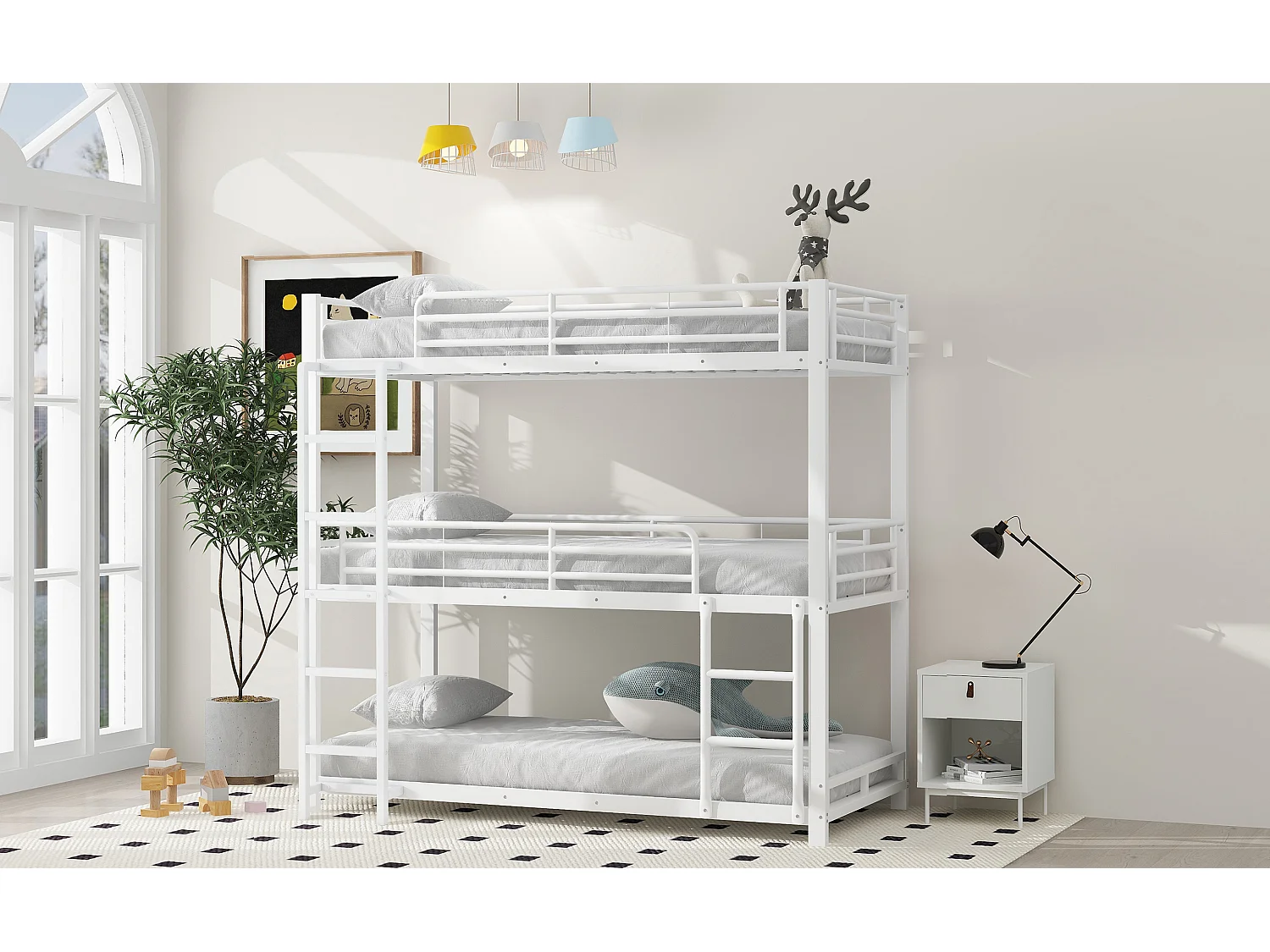 Lit superposé triple 90x200 cm blanc en métal, design compact, 3 couchages adaptés aux familles