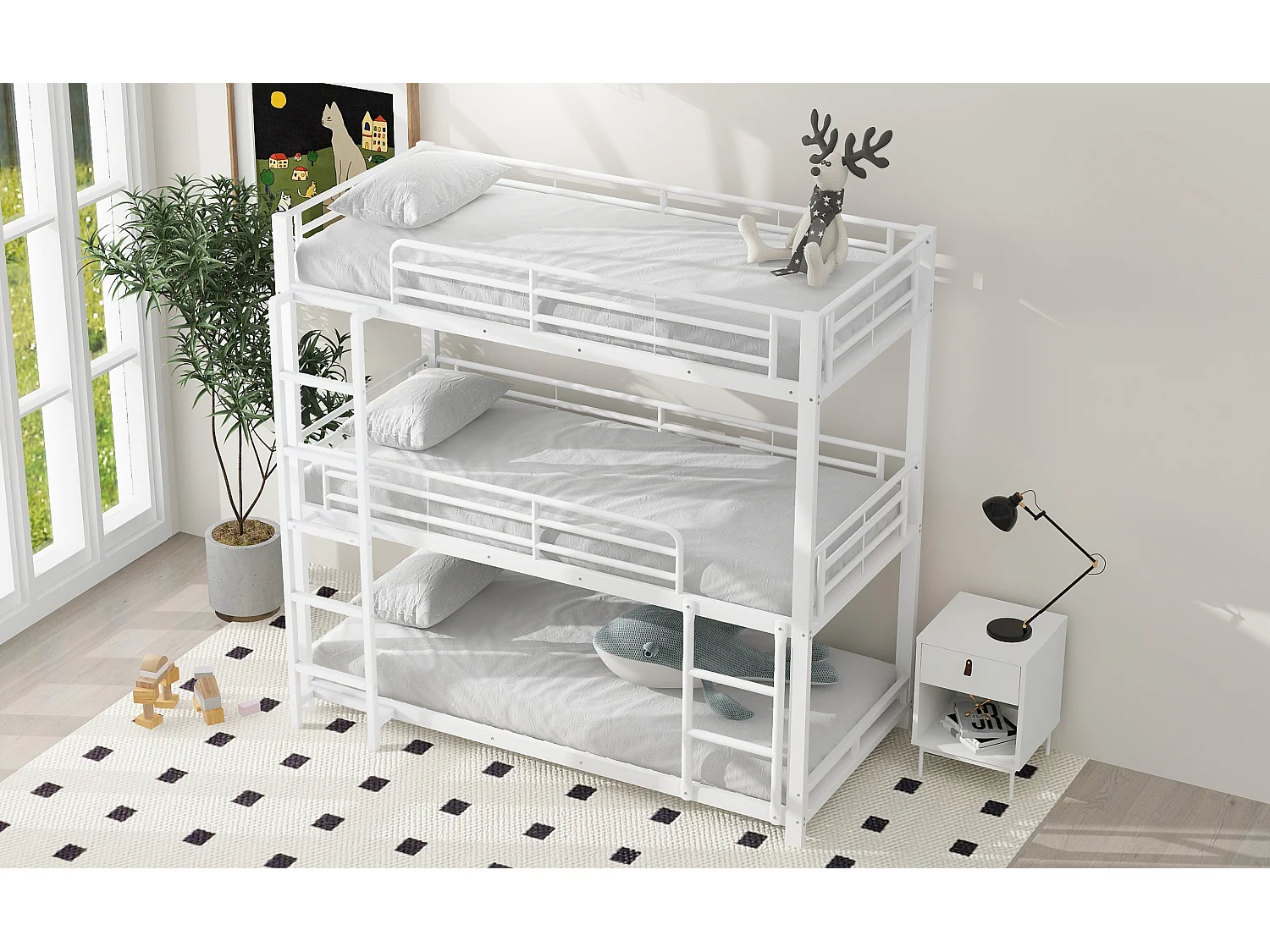 Lit superposé triple 90x200 cm blanc en métal, design compact, 3 couchages adaptés aux familles