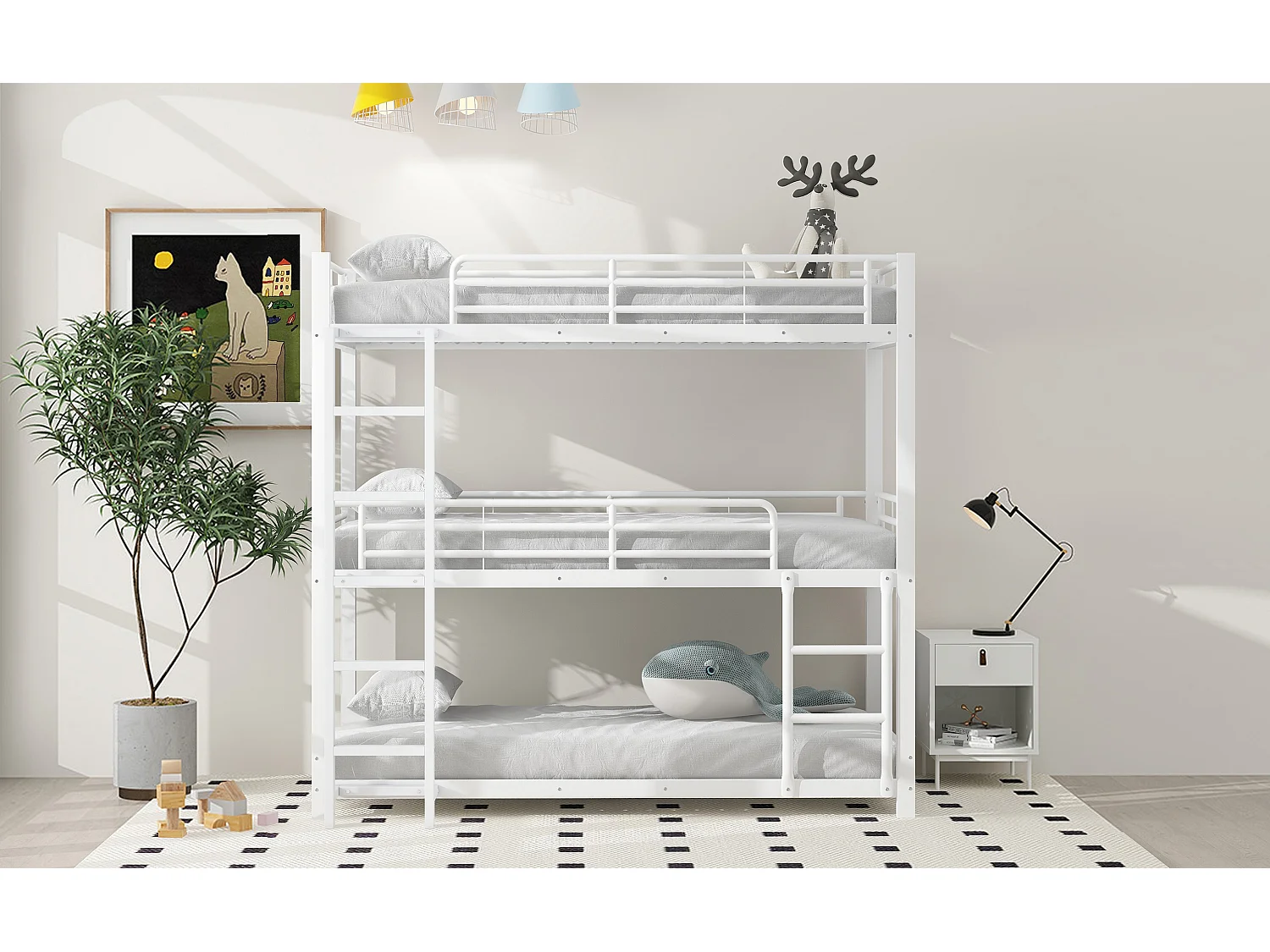 Lit superposé triple 90x200 cm blanc en métal, design compact, 3 couchages adaptés aux familles