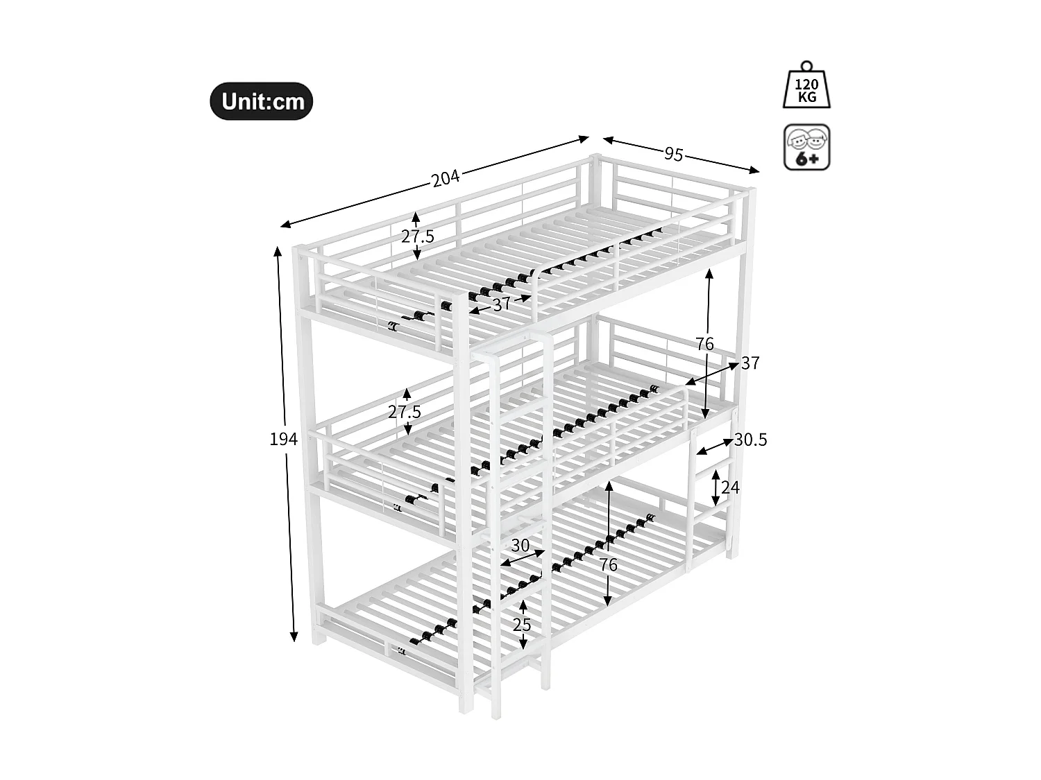 Lit superposé triple 90x200 cm blanc en métal, design compact, 3 couchages adaptés aux familles