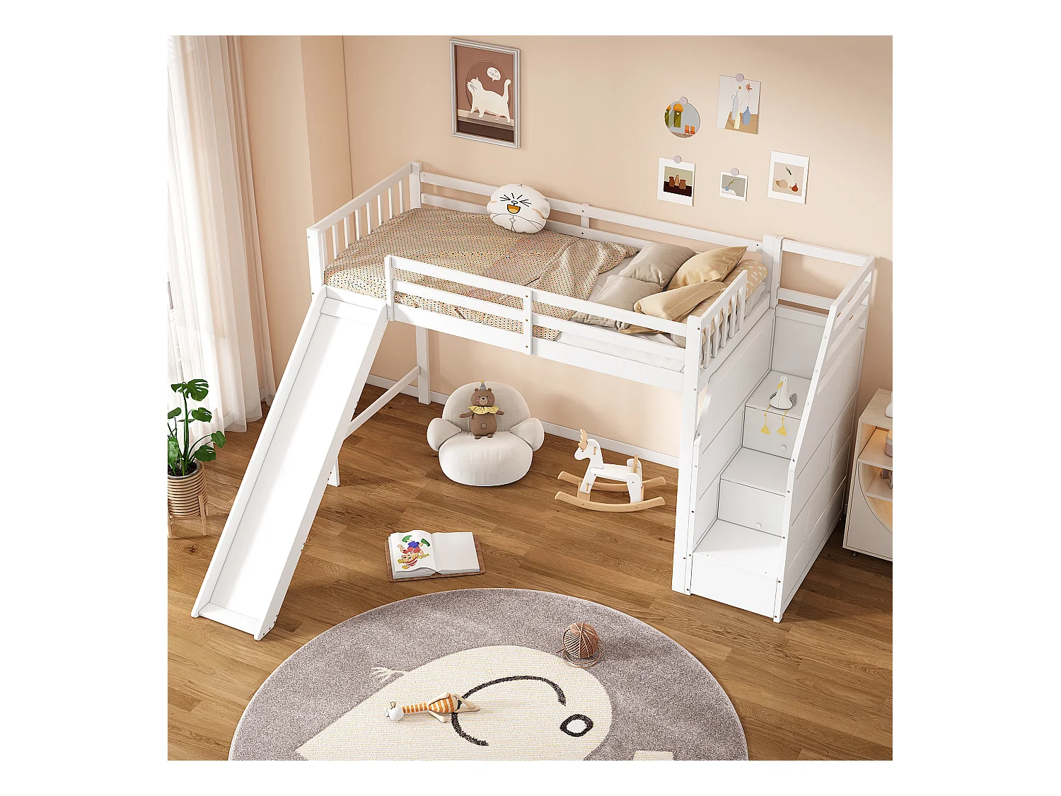 Lit mezzanine 90x200 cm blanc avec toboggan et échelle à rangement, certifié EN747, sécurisé pour enfants