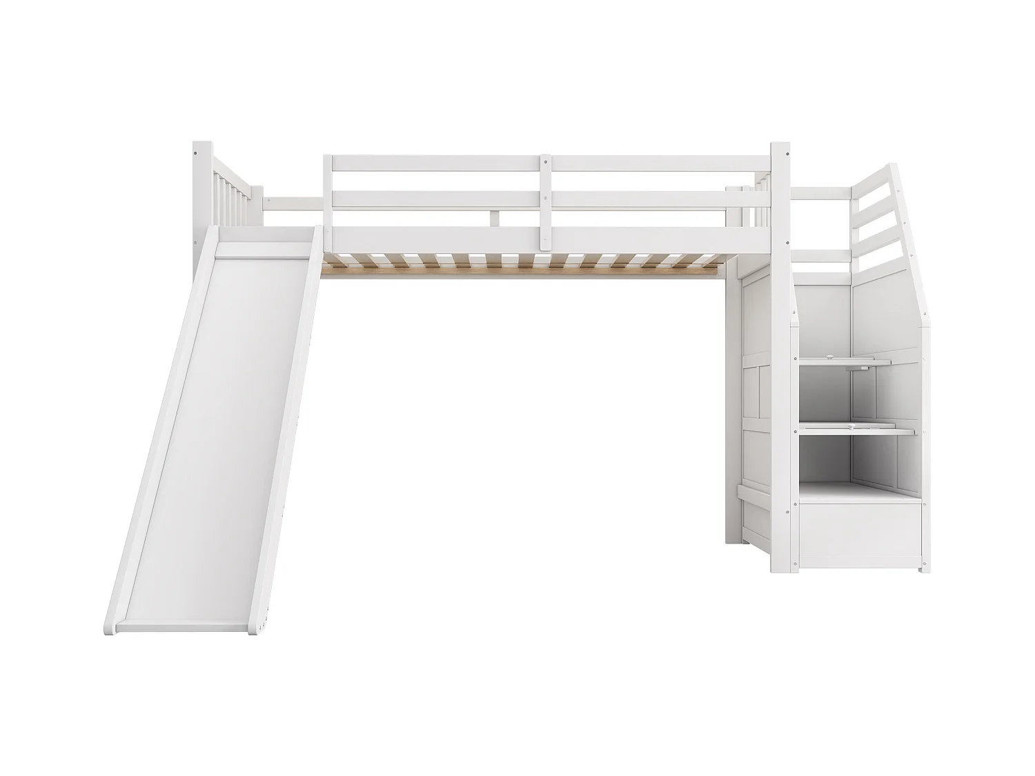 Lit mezzanine 90x200 cm blanc avec toboggan et échelle à rangement, certifié EN747, sécurisé pour enfants