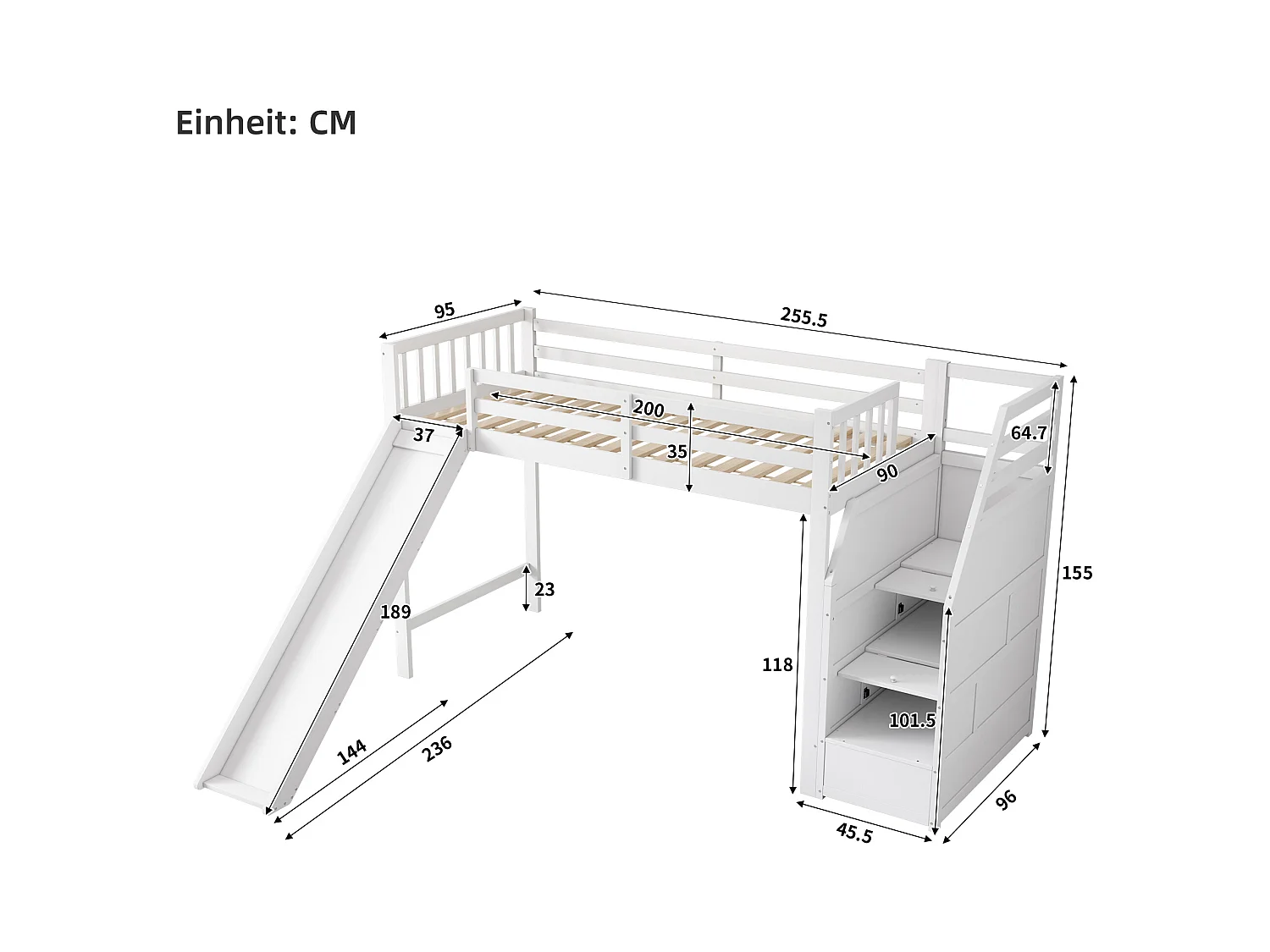 Lit mezzanine 90x200 cm blanc avec toboggan et échelle à rangement, certifié EN747, sécurisé pour enfants