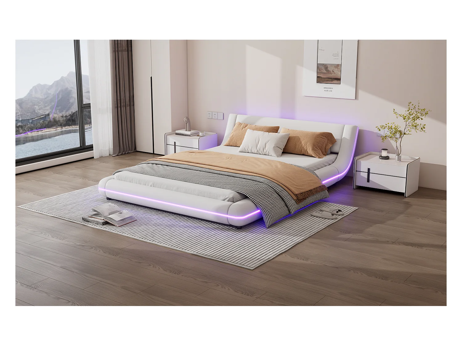 Lit bas 140x200 cm, lit plat PU, éclairage LED réglable, télécommande 24 touches, Blanc