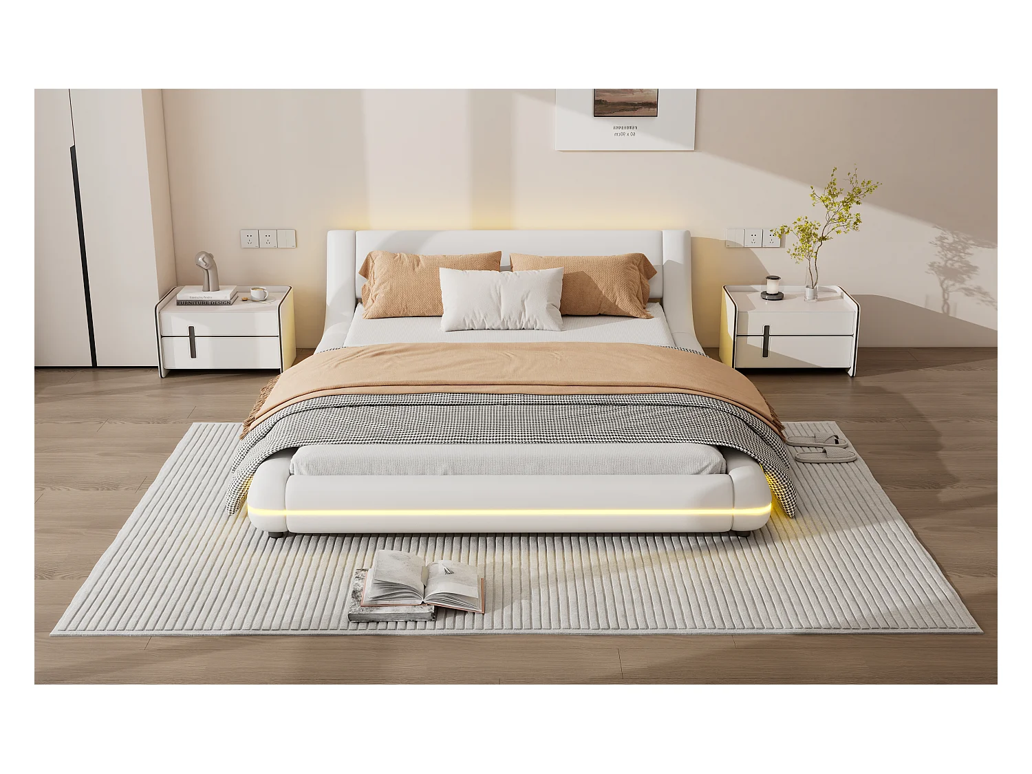 Lit bas 140x200 cm, lit plat PU, éclairage LED réglable, télécommande 24 touches, Blanc