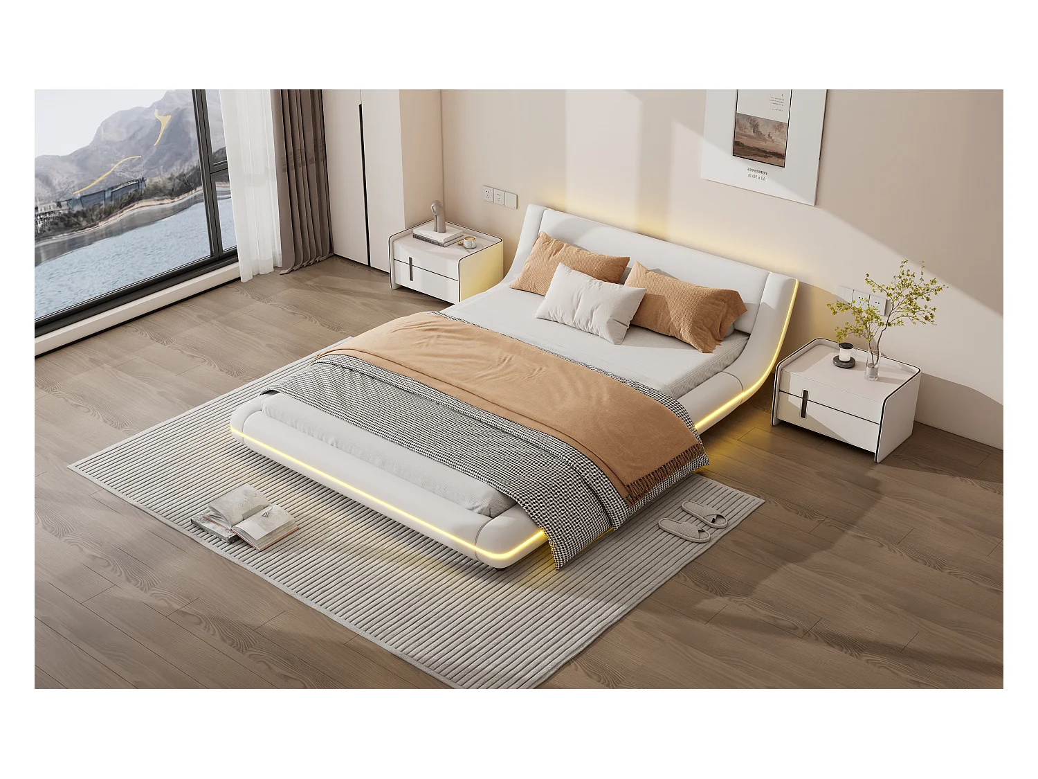 Lit bas 140x200 cm, lit plat PU, éclairage LED réglable, télécommande 24 touches, Blanc