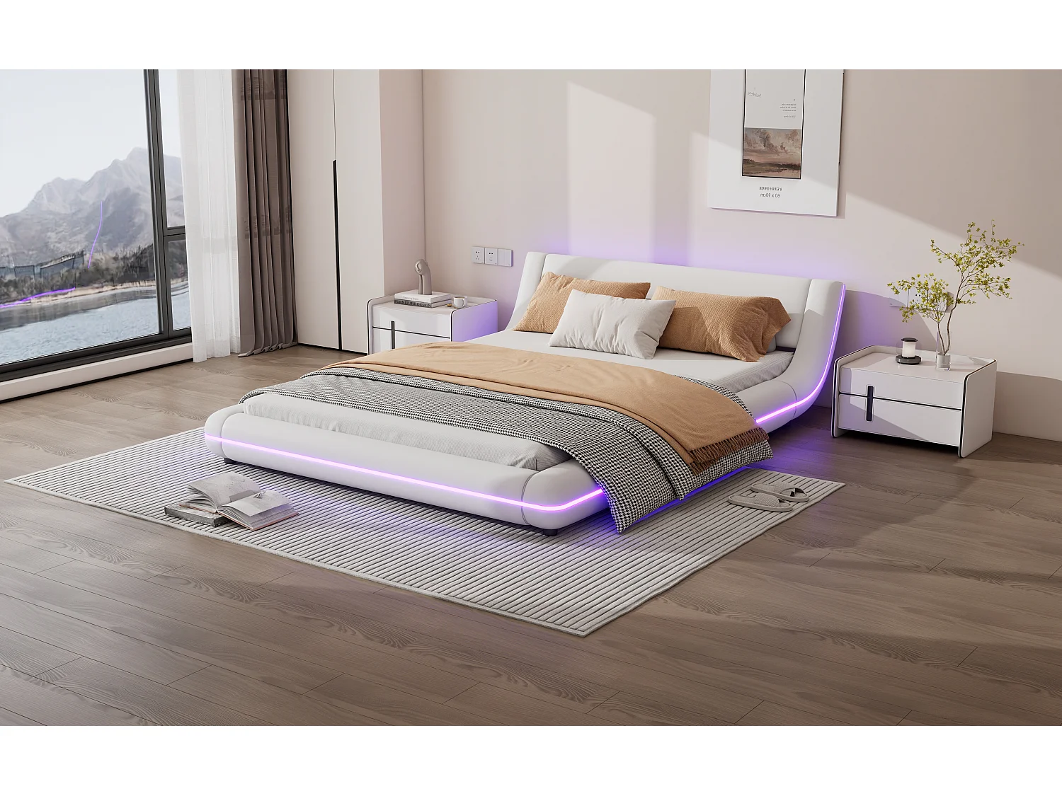 Lit bas 140x200 cm, lit plat PU, éclairage LED réglable, télécommande 24 touches, Blanc