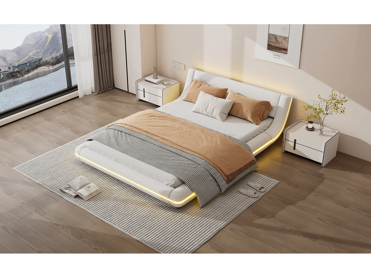 Lit bas 140x200 cm, lit plat PU, éclairage LED réglable, télécommande 24 touches, Blanc