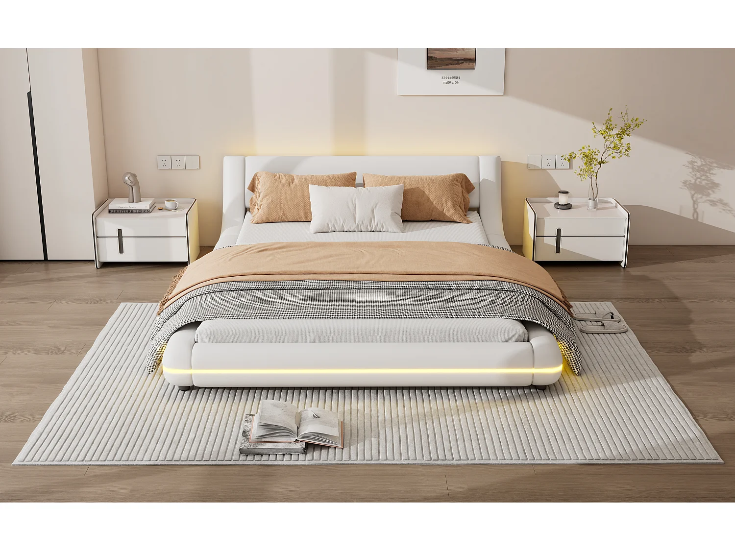 Lit bas 140x200 cm, lit plat PU, éclairage LED réglable, télécommande 24 touches, Blanc