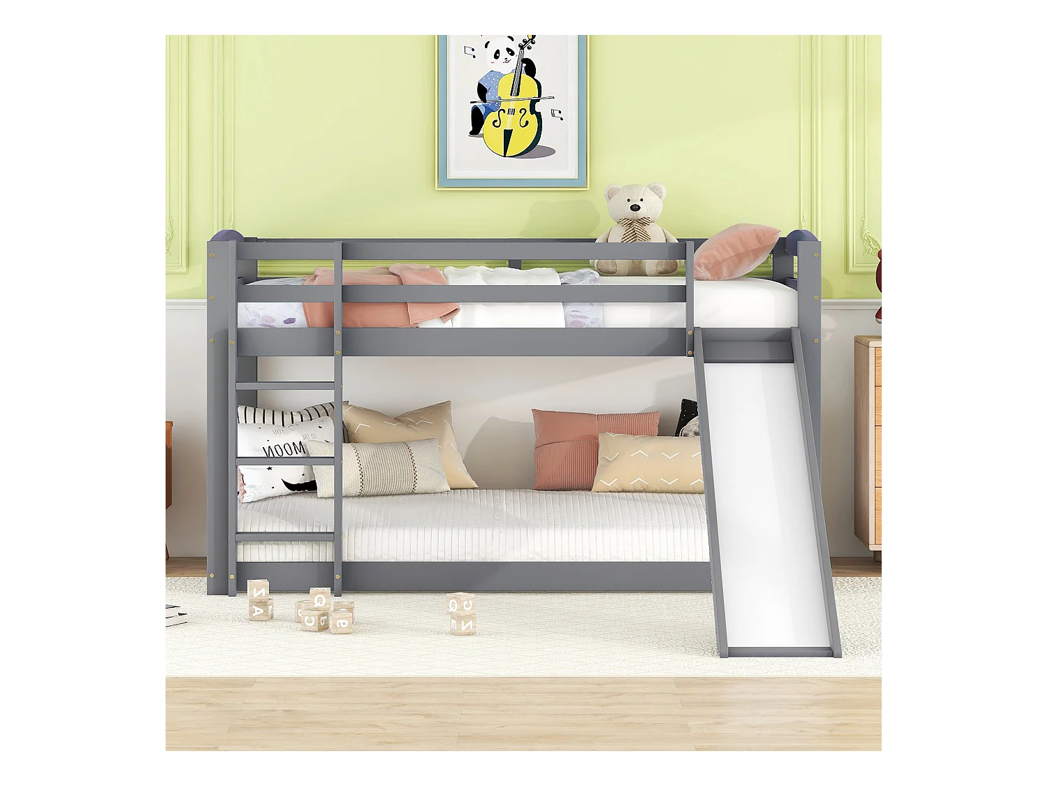 Lit superposé enfant 90x200 cm gris avec toboggan, structure bois massif, facile à monter, sûr et amusant