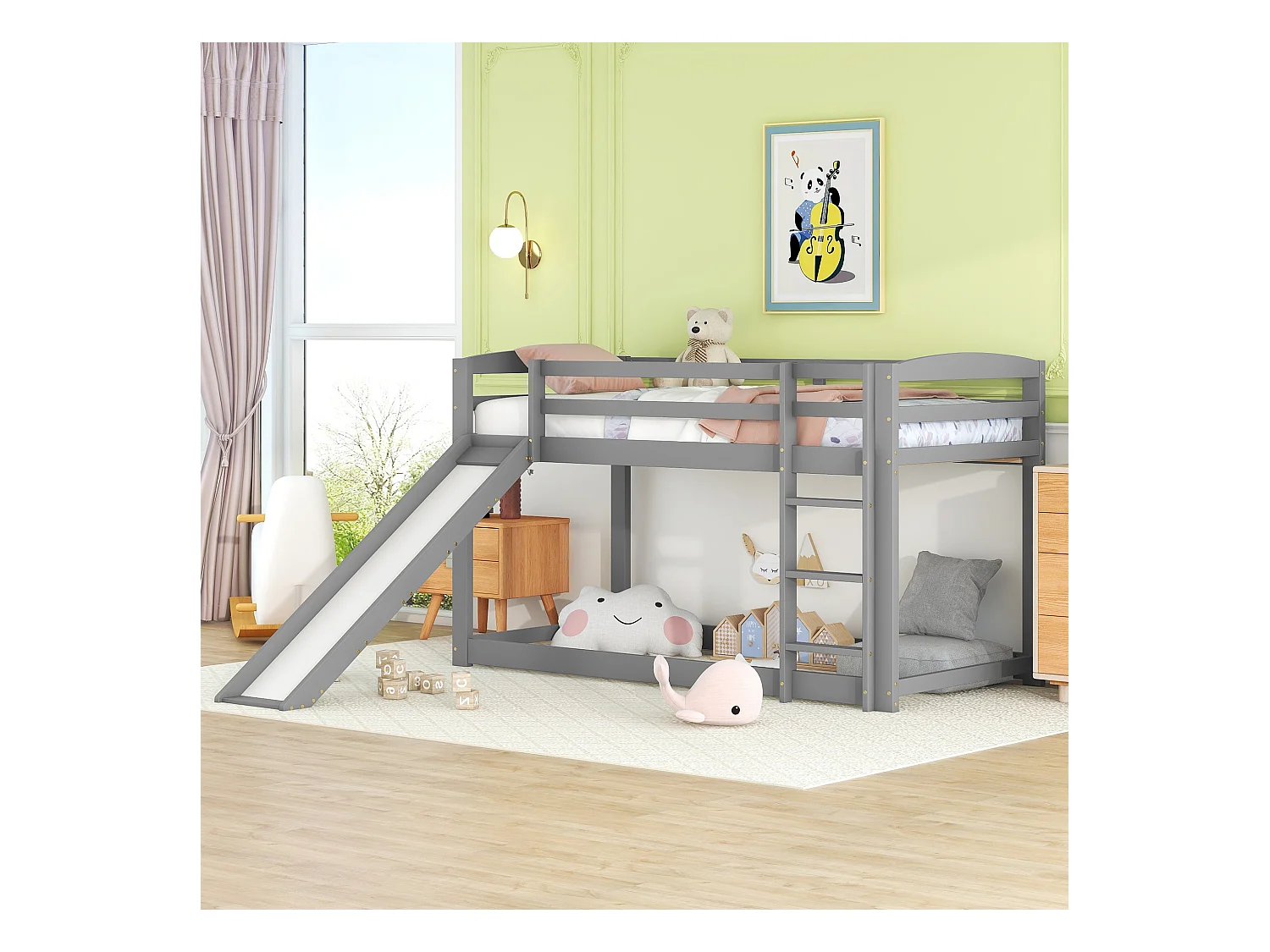 Lit superposé enfant 90x200 cm gris avec toboggan, structure bois massif, facile à monter, sûr et amusant