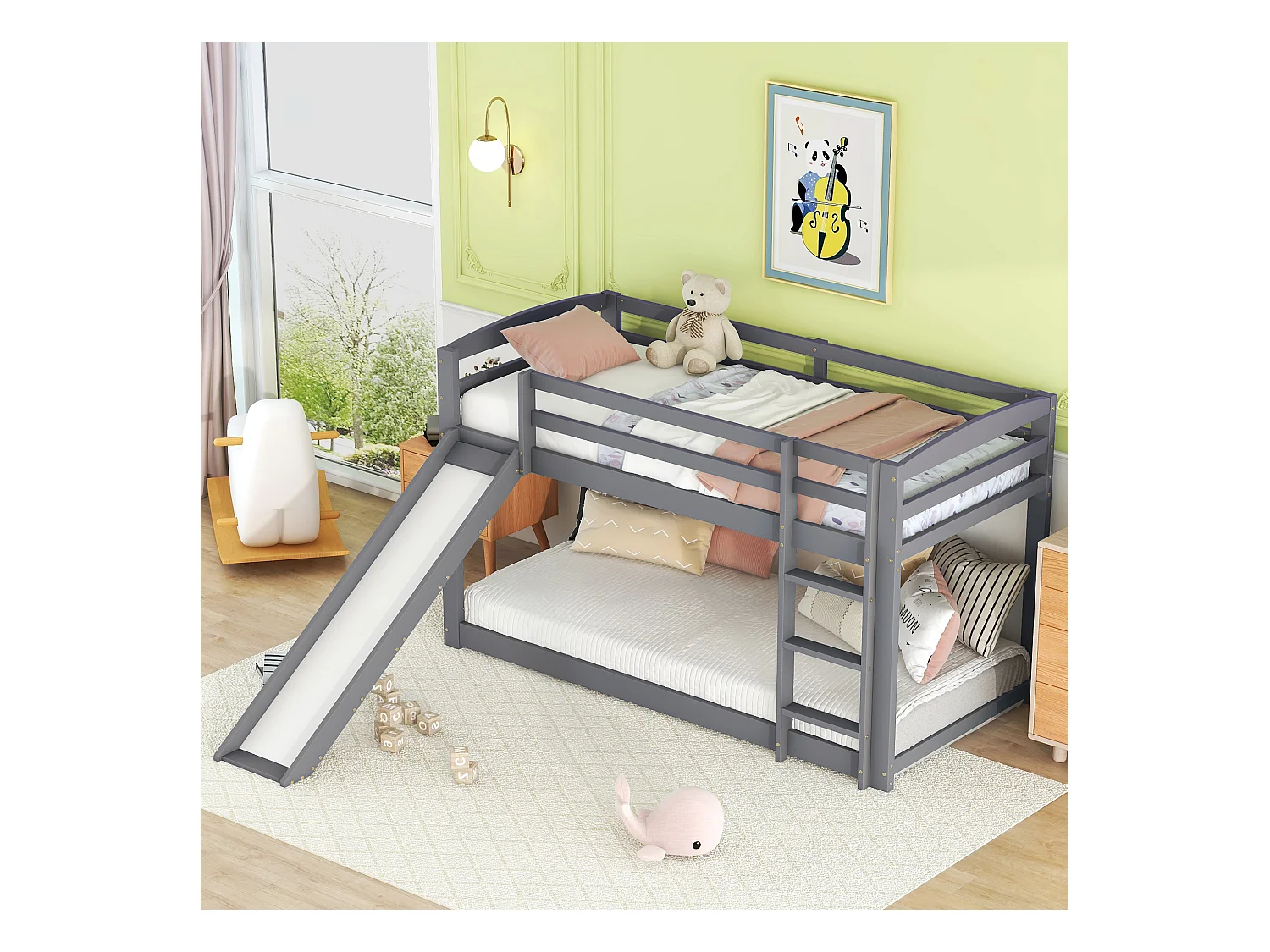 Lit superposé enfant 90x200 cm gris avec toboggan, structure bois massif, facile à monter, sûr et amusant