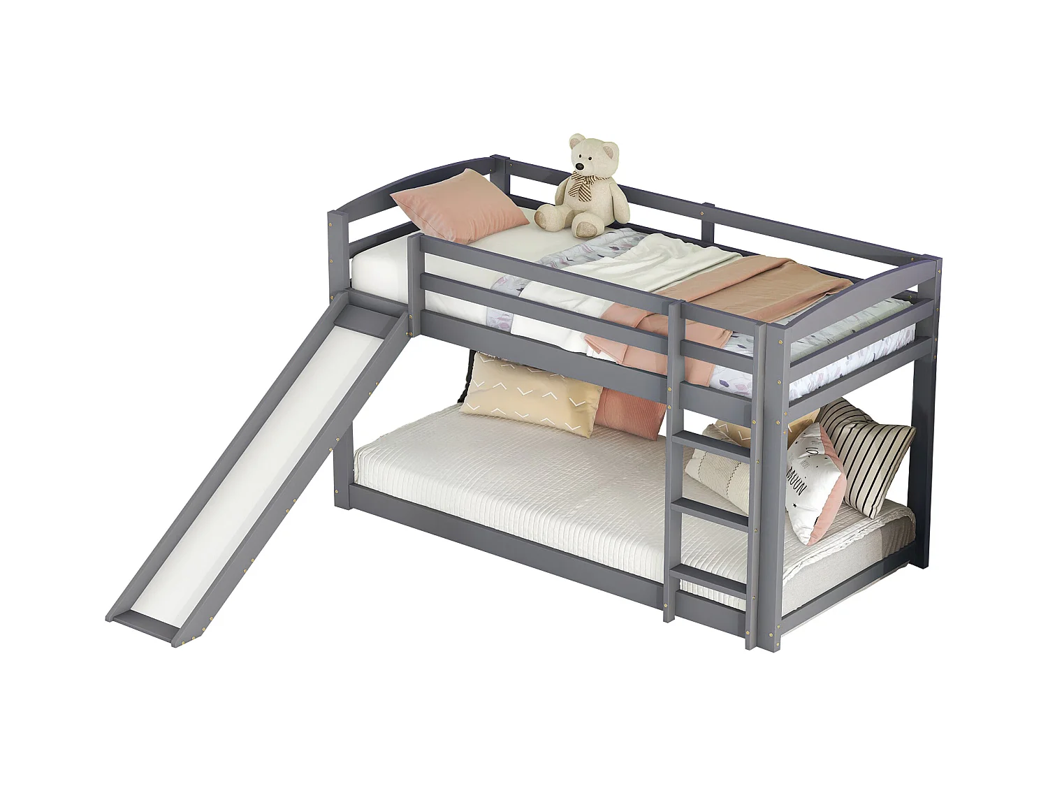 Lit superposé enfant 90x200 cm gris avec toboggan, structure bois massif, facile à monter, sûr et amusant