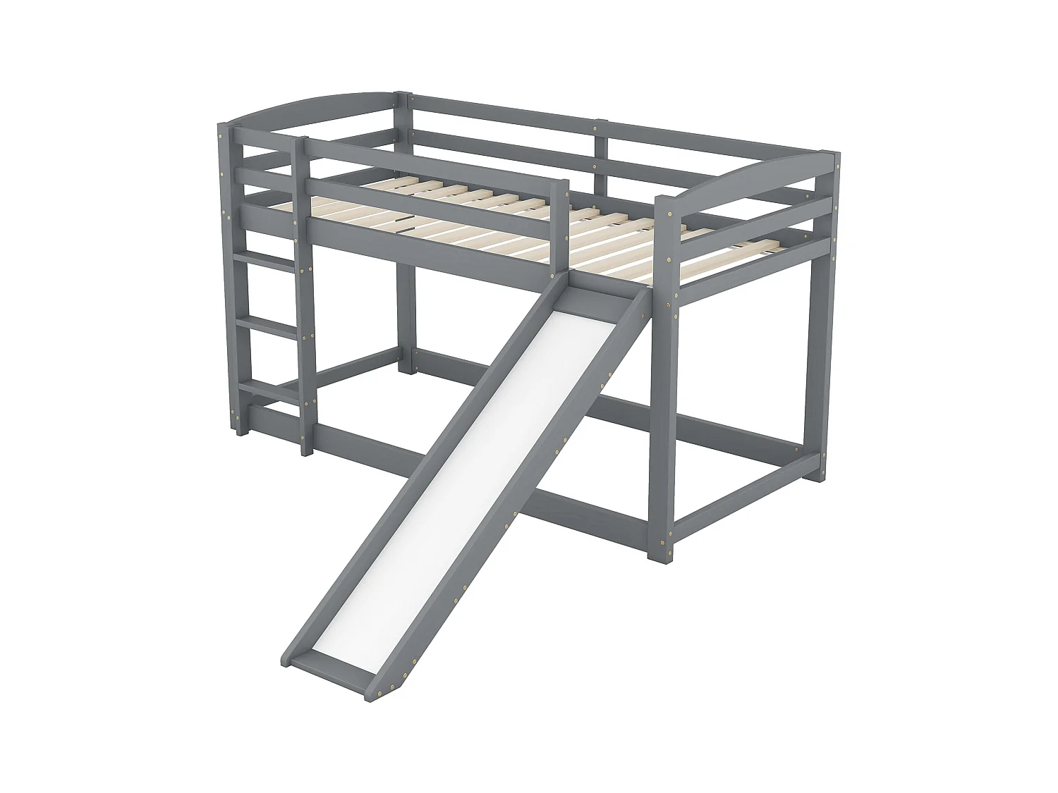 Lit superposé enfant 90x200 cm gris avec toboggan, structure bois massif, facile à monter, sûr et amusant