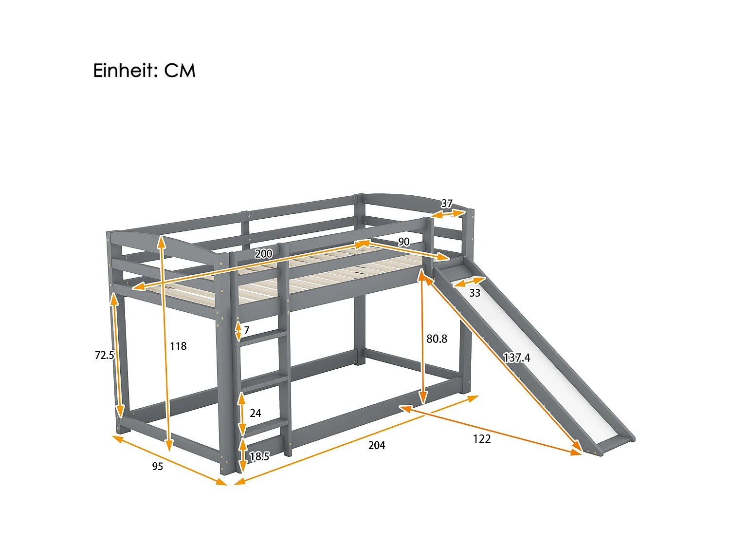 Lit superposé enfant 90x200 cm gris avec toboggan, structure bois massif, facile à monter, sûr et amusant