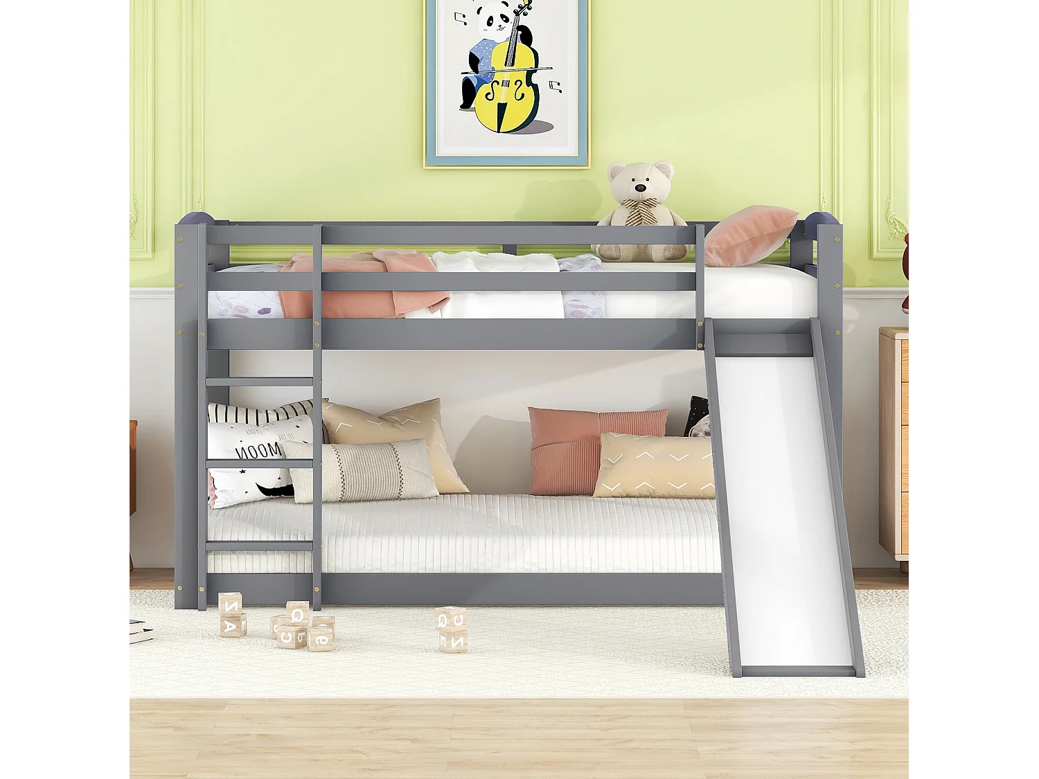 Lit superposé enfant 90x200 cm gris avec toboggan, structure bois massif, facile à monter, sûr et amusant