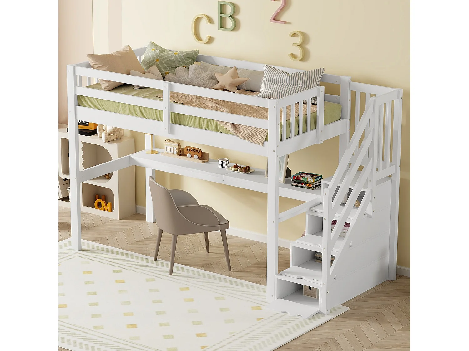 Lit mezzanine 90x200 cm blanc avec tiroirs de rangement et bureau intégré sous le lit pour enfant