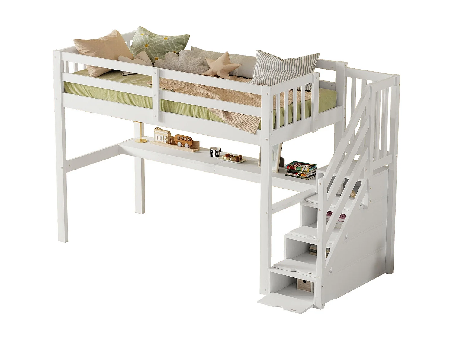 Lit mezzanine 90x200 cm blanc avec tiroirs de rangement et bureau intégré sous le lit pour enfant
