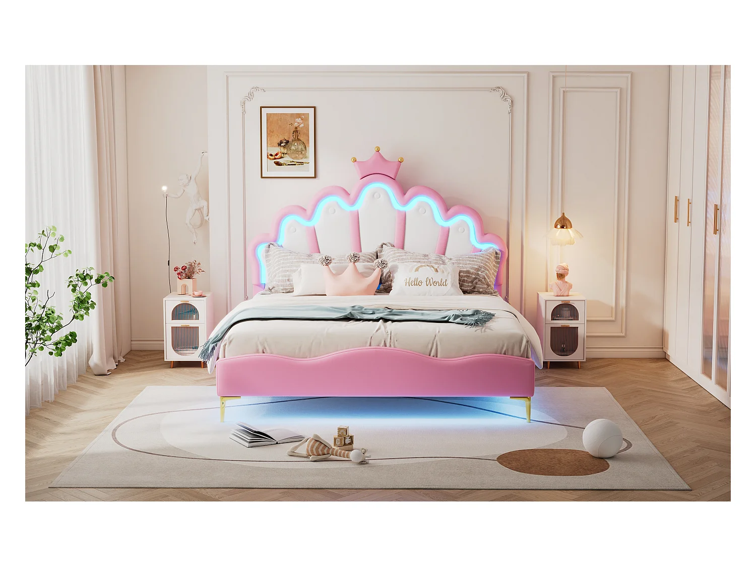 Lit princesse 140x200 cm rose, lit double avec tête de lit couronne, rembourrage PU, bande LED ajustable intégrée