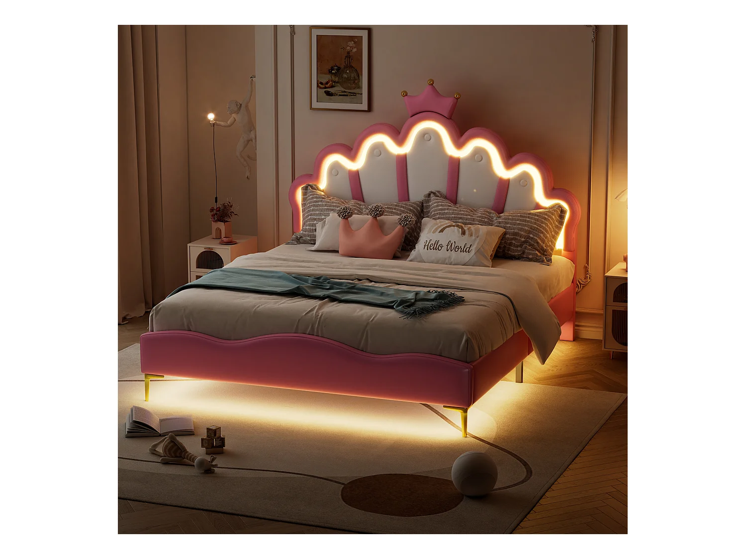 Lit princesse 140x200 cm rose, lit double avec tête de lit couronne, rembourrage PU, bande LED ajustable intégrée