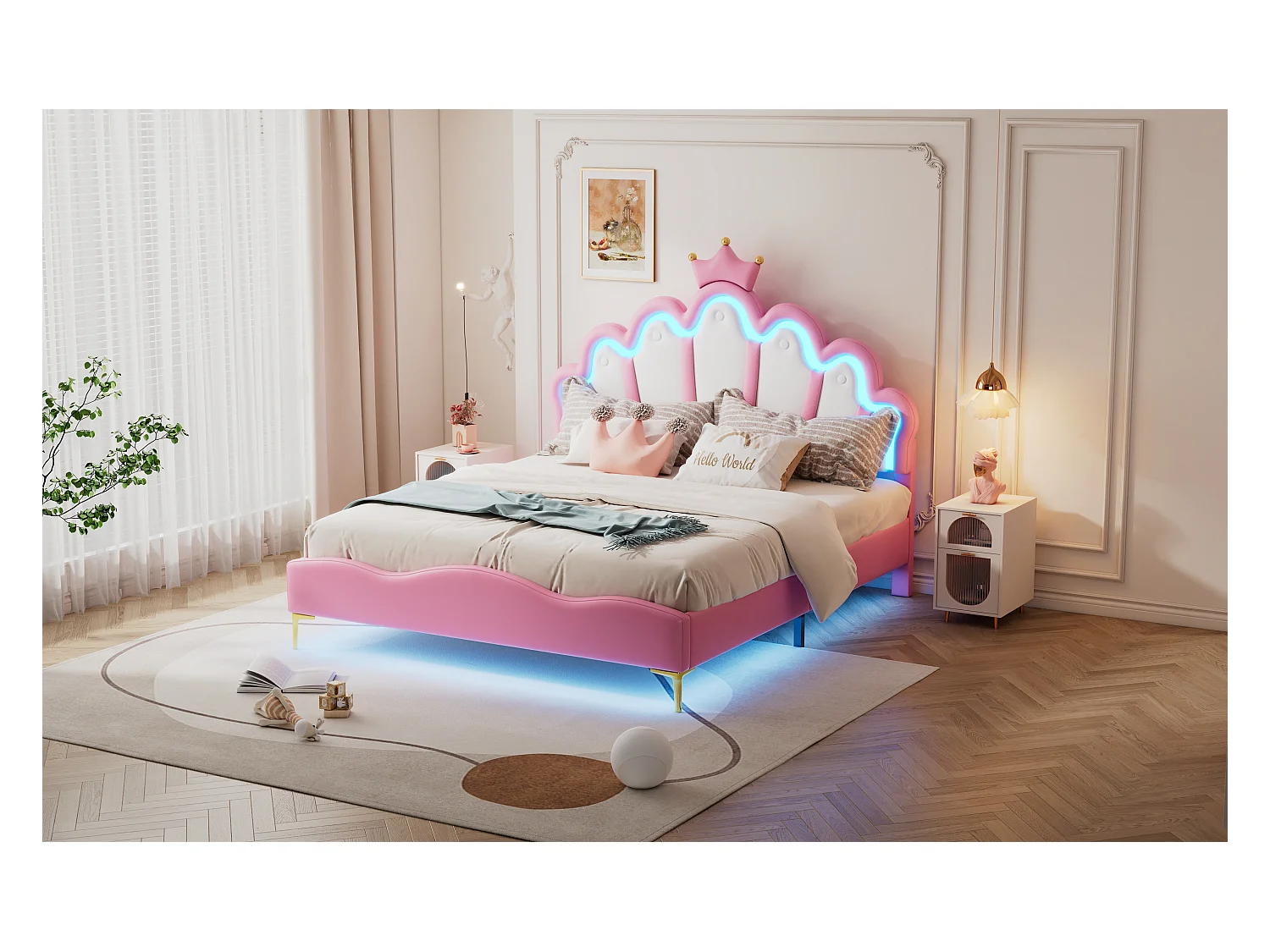 Lit princesse 140x200 cm rose, lit double avec tête de lit couronne, rembourrage PU, bande LED ajustable intégrée