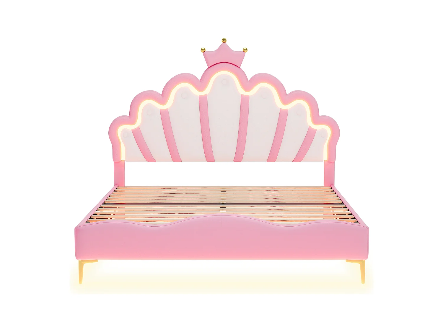 Lit princesse 140x200 cm rose, lit double avec tête de lit couronne, rembourrage PU, bande LED ajustable intégrée