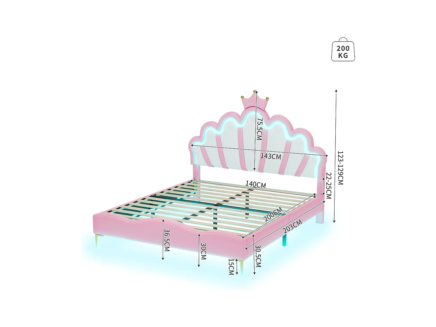 Lit princesse 140x200 cm rose, lit double avec tête de lit couronne, rembourrage PU, bande LED ajustable intégrée
