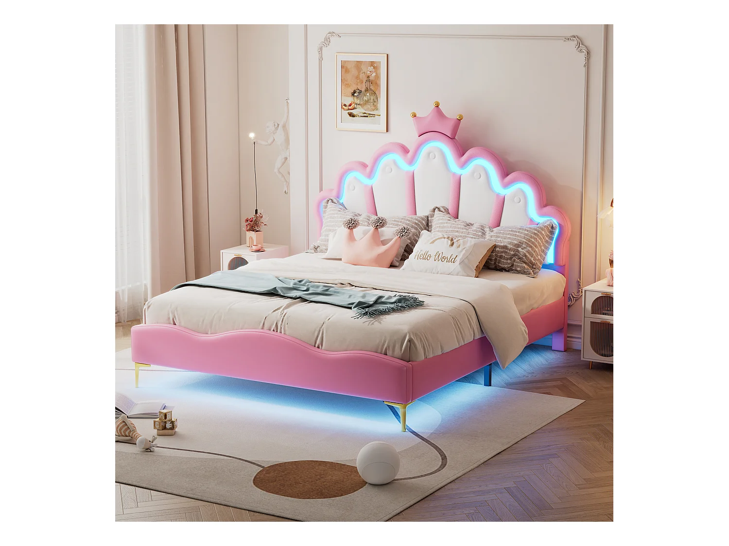 Lit princesse 140x200 cm rose, lit double avec tête de lit couronne, rembourrage PU, bande LED ajustable intégrée