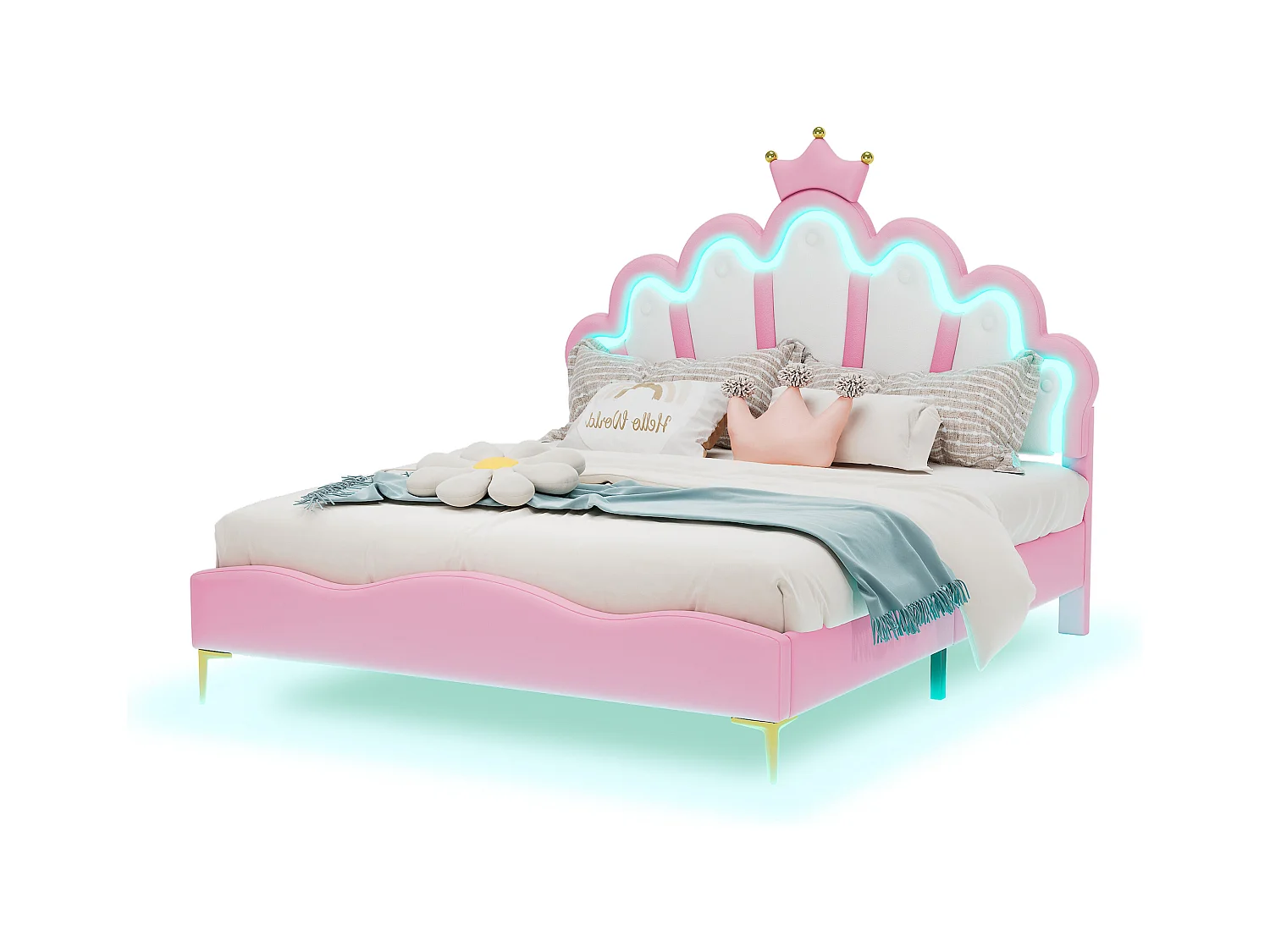 Lit princesse 140x200 cm rose, lit double avec tête de lit couronne, rembourrage PU, bande LED ajustable intégrée