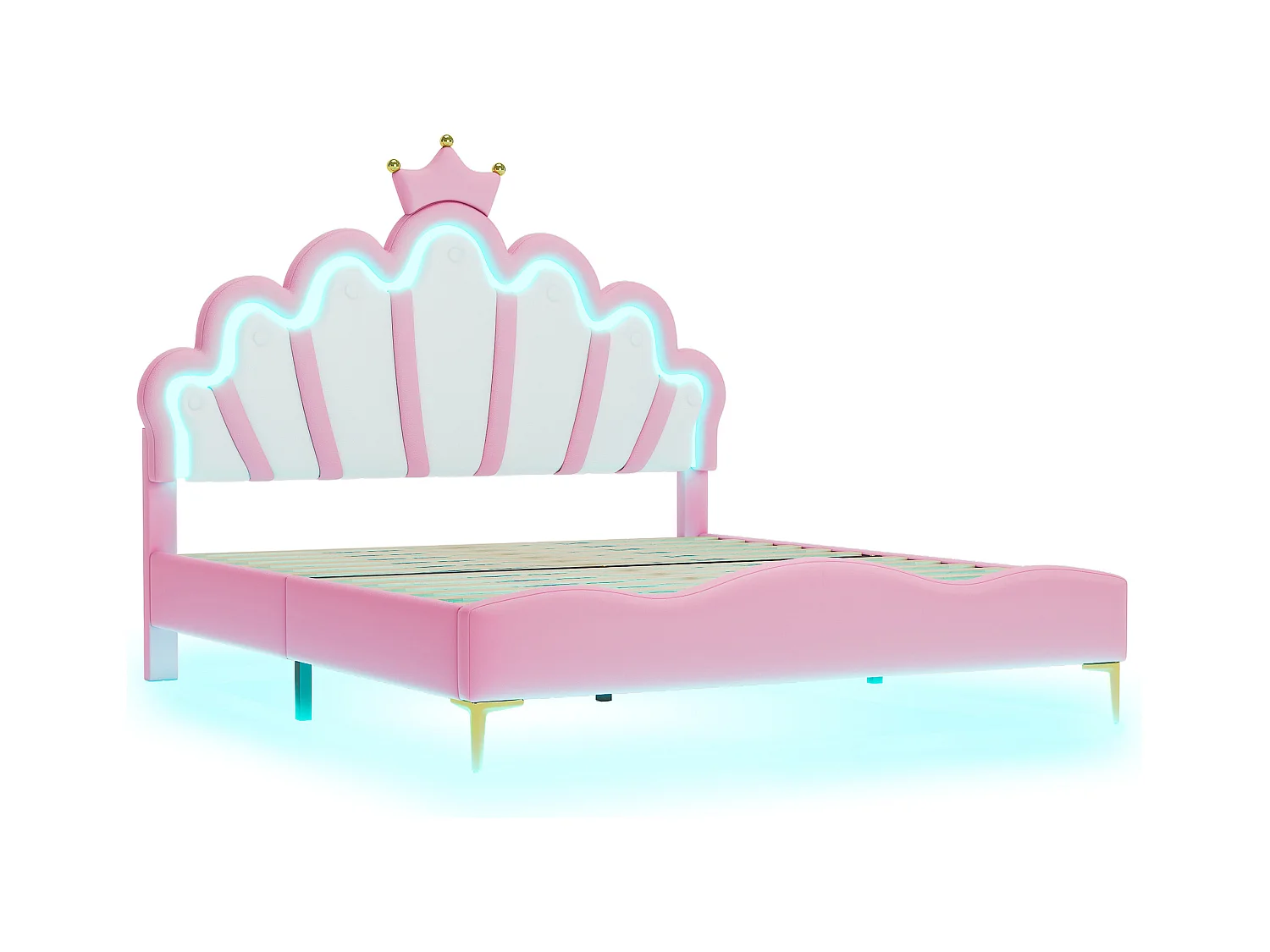 Lit princesse 140x200 cm rose, lit double avec tête de lit couronne, rembourrage PU, bande LED ajustable intégrée